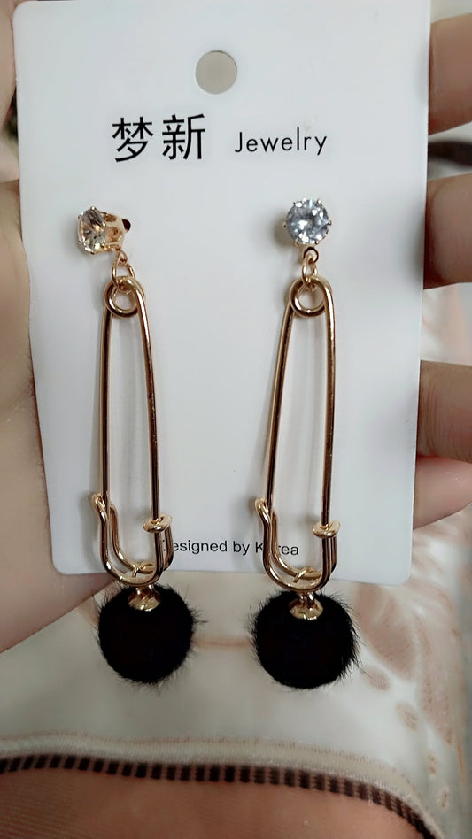 Elegant Gold Safety Pin Drop Earrings with Black Pom-Pom