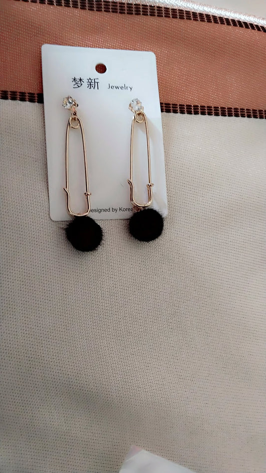 Elegant Gold Safety Pin Drop Earrings with Black Pom-Pom