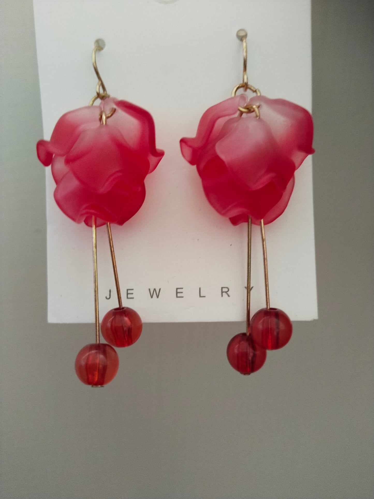 Floral Drop Earrings – Red Acrylic Petals with Bead Detail