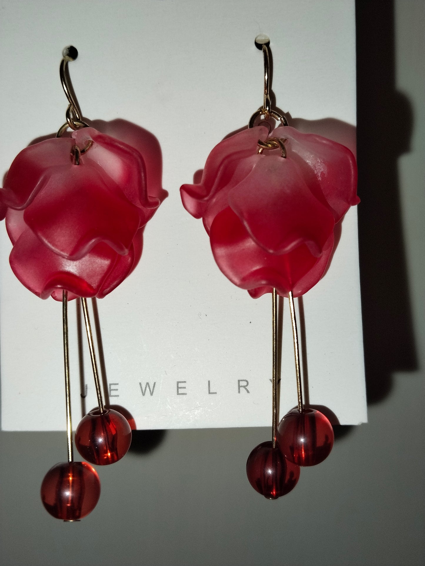 Floral Drop Earrings – Red Acrylic Petals with Bead Detail