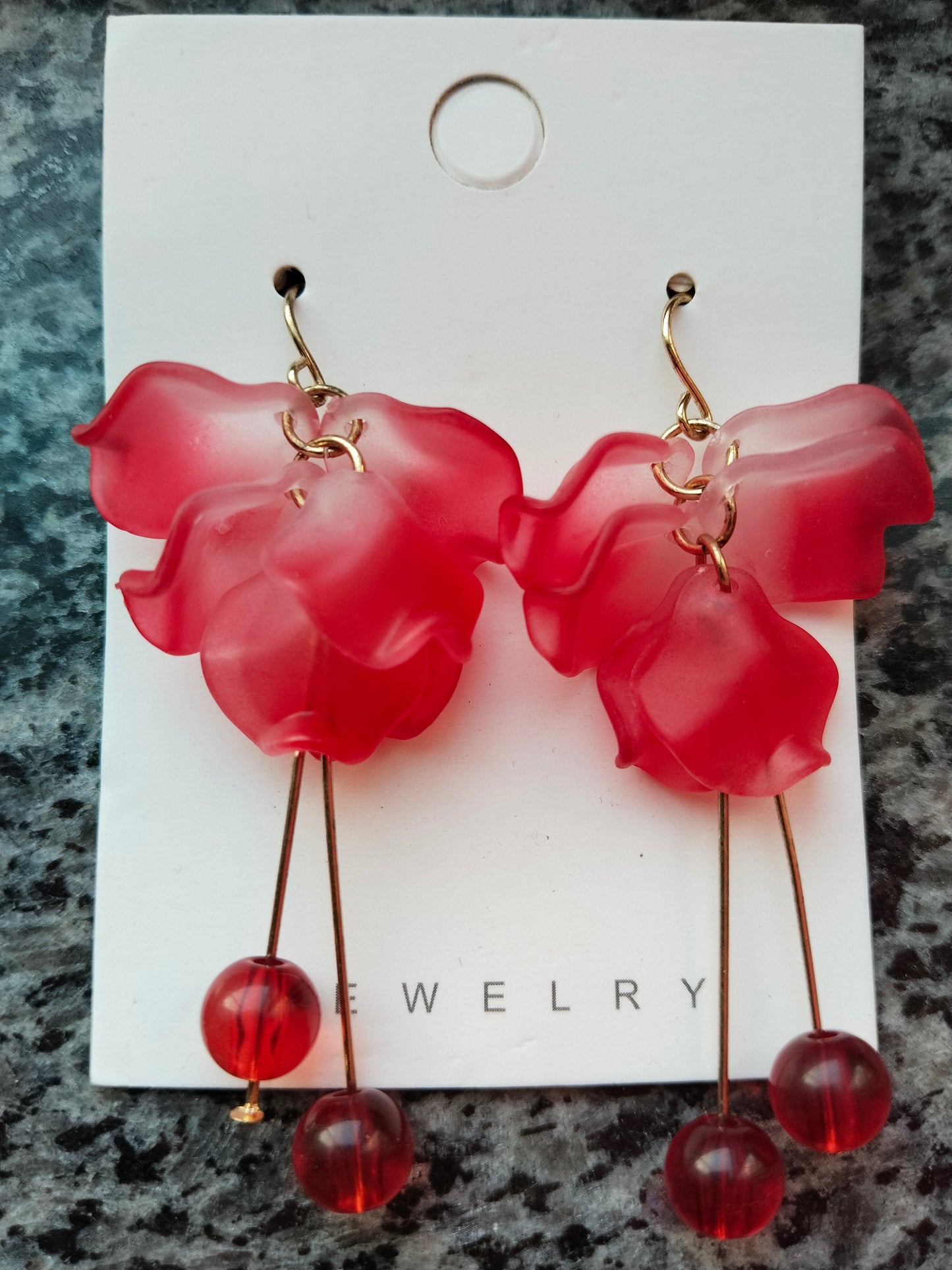 Floral Drop Earrings – Red Acrylic Petals with Bead Detail